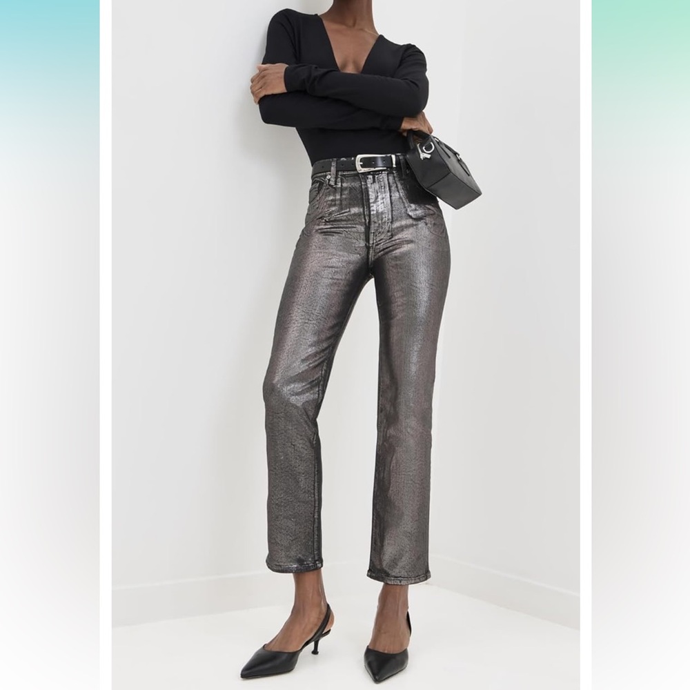 FRAME Women's Le Sleek “Sylvie” Straight Metallic Jeans- 27”